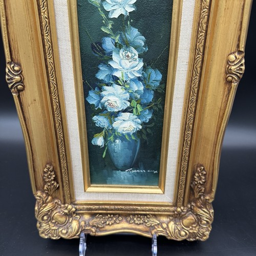 VNTG Robert Cox Floral Still Life Painting Blue / Gold Frame - Signed 17/8.75in - Picture 5 of 9
