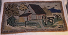 Very Old  Primitive  Folk Art  Hand Hooked Rug  Cow & Barn  Scene  19" by 35"
