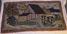 Very Old  Primitive  Folk Art  Hand Hooked Rug  Cow & Barn  Scene  19" by 35"