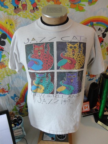 T-shirt vintage anni 90 Jazz Cats New Orleans Christopher Mayes Pop Art 1992 L - Foto 2 di 5