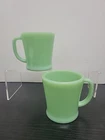 Fire King Jadeite 1948-50 Green Flat Bottom D Handle Mugs Oven Ware PAIR OF TWO