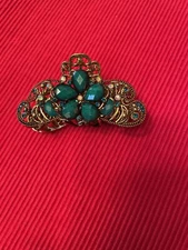 Elegant Metal Gold Tone Hair Claw Green Rhinestones Hair Clip w/Spring (CA)