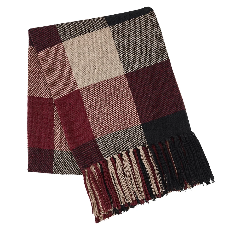 New Rustic Cabin CRANBERRY BLACK CHECK THROW Woven Afghan Blanket Coverlet - Image 2 of 3