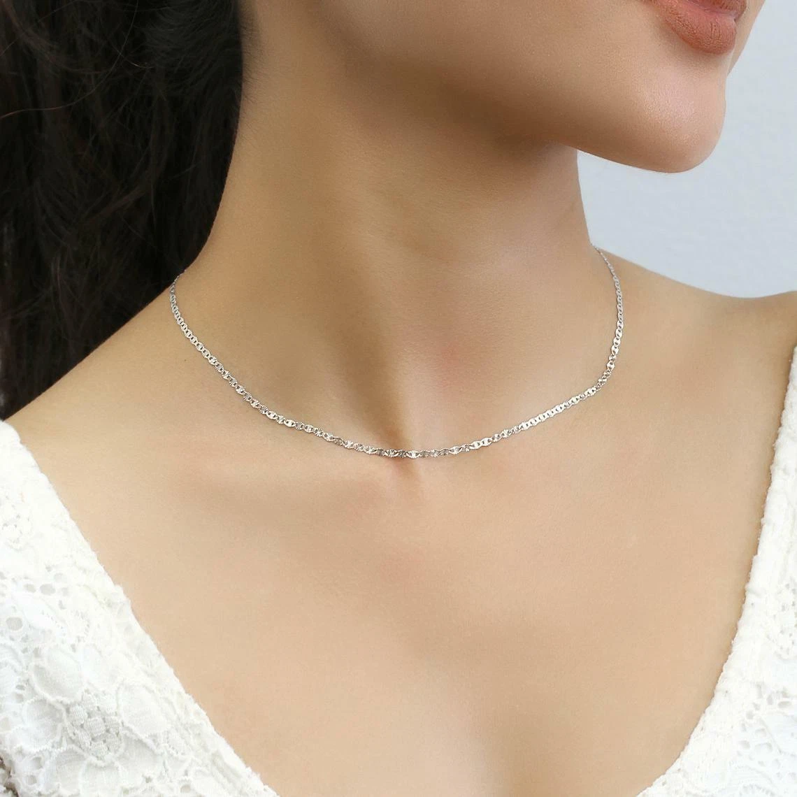 Solid 14K White Gold Chain Necklace Star Diamond Cut Mariner Gold Choker Women