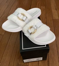 J/Slides Urban Sport Eva Faux Fur Buckle Up Sandal/Slipper Size 8 White Bridal