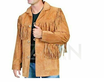 Men's Western Style Real Suede Jacket Soft Brown Leather Fringes Cowboy Jacket