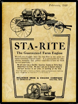 Reliance Iron & Engine Co. New Metal Sign: Sta-Rite Gas Engines - Racine, WI