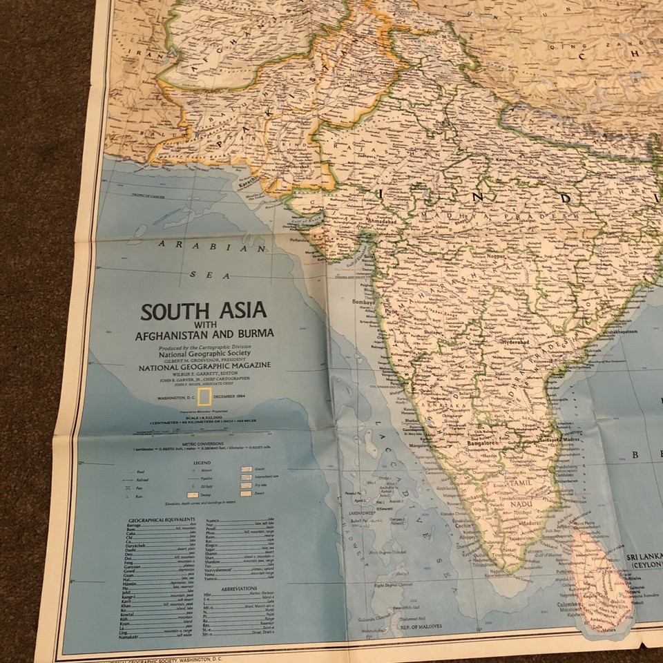 SOUTH ASIA AFGHANISTAN BURMA MAP NATIONAL GEOGRAPHIC MAGAZINE VINTAGE