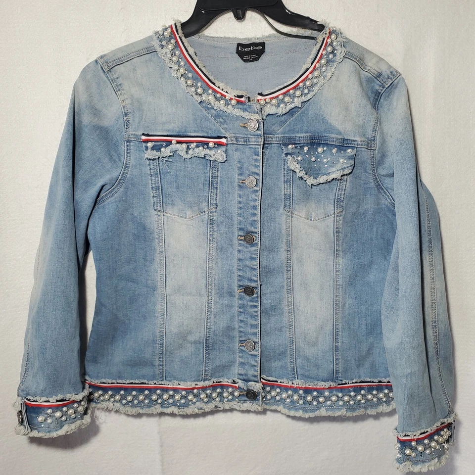 Chaqueta Bebe para mujer grande azul denim detalles perlados Jean Foto 4 de 4