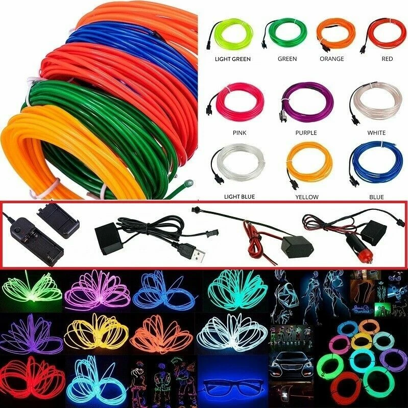 Neon Flash LED Light Glow EL Wire String Strip Rope Tube Decor Car Party  Control