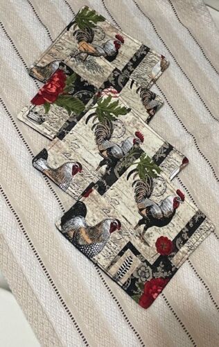 Rooster Print, Set of 4 Handmade Coasters, High Quality Cotton Fabric