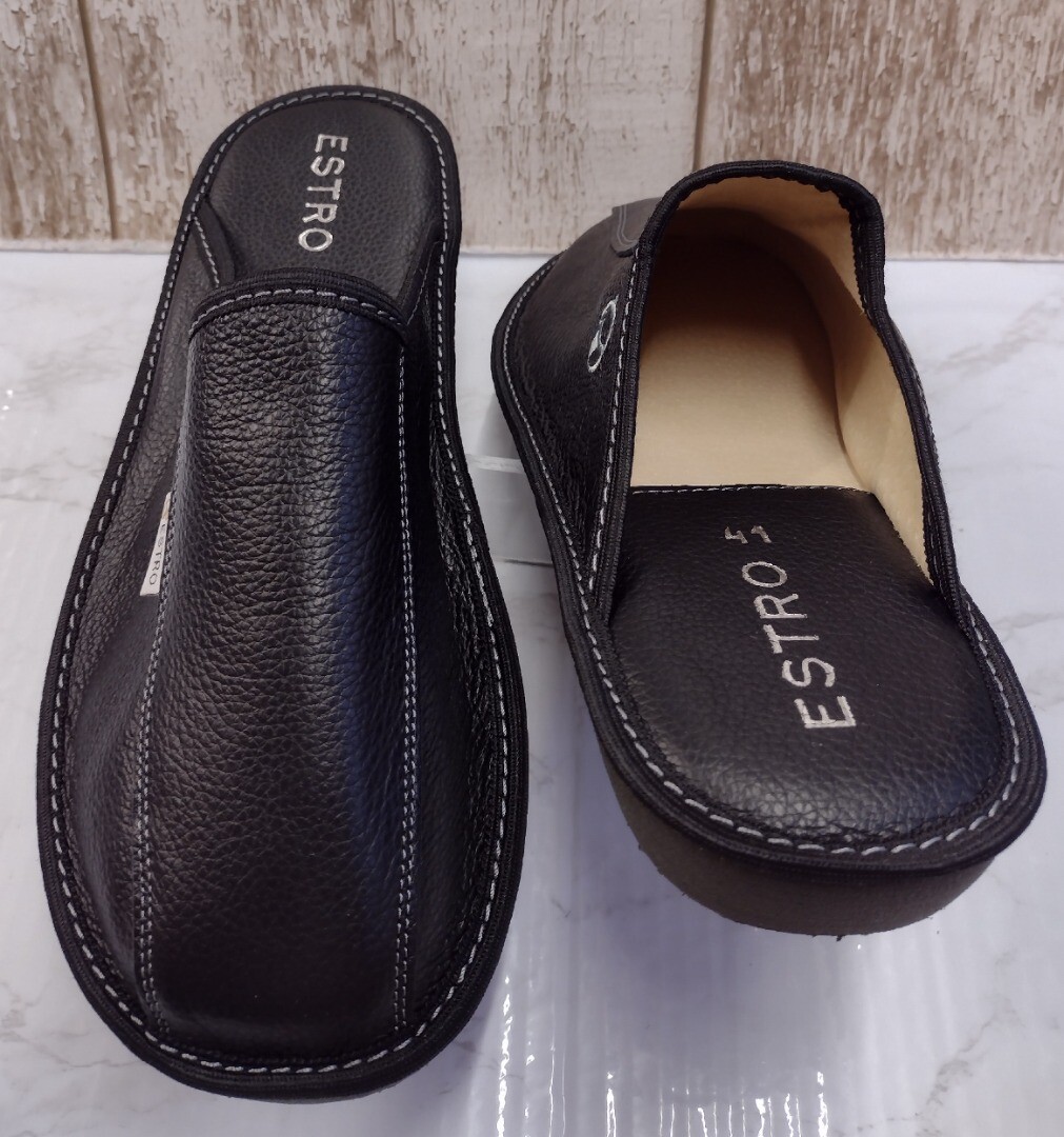 ESTRO Men's Black Leather Slip on Mule House Slippers Size 41 (8) BNIB