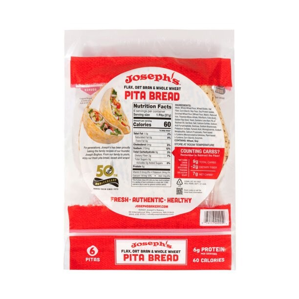 Joseph's Pita Bread "Value 6Pack", Flax Oat Bran and Whole Wheat, Low