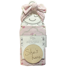 Toby Baby Girl Swaddle Blanket Set, Headband  "She's Here" Arrival Disc NWT