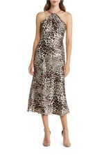 Vince Camuto Multicolor Chain Halter Neck Leopard Satin Midi Dress Size 14