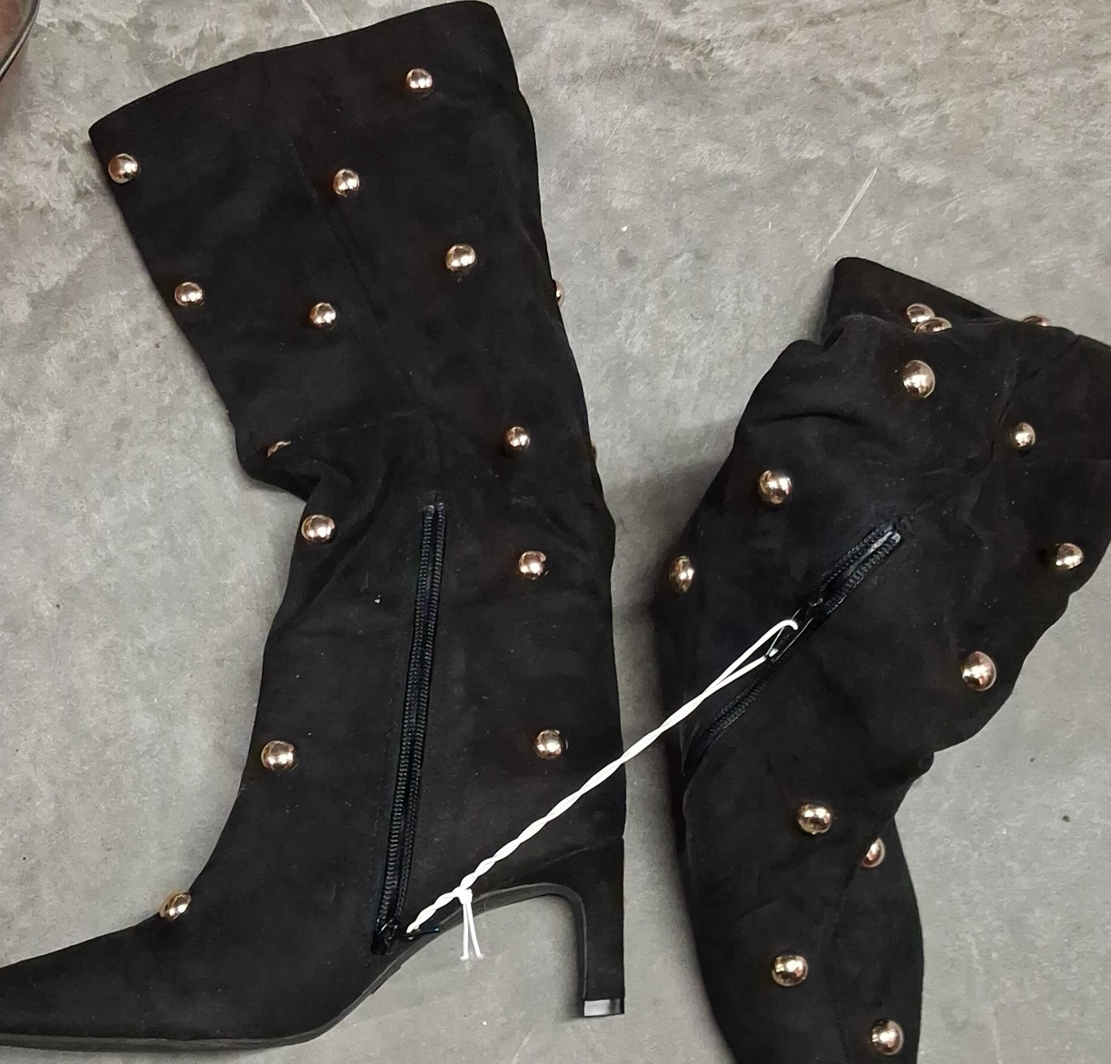 Black Studded Faux Suede Knee High Zip Pointed Toe Boots Women's Size 6