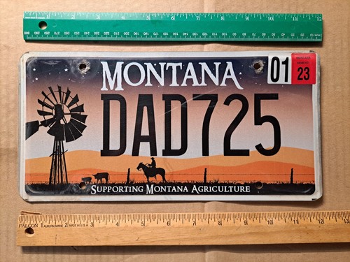 License Plate, Montana, Support Agriculture, Sunset, Windmill, Horse, Cowboy DAD