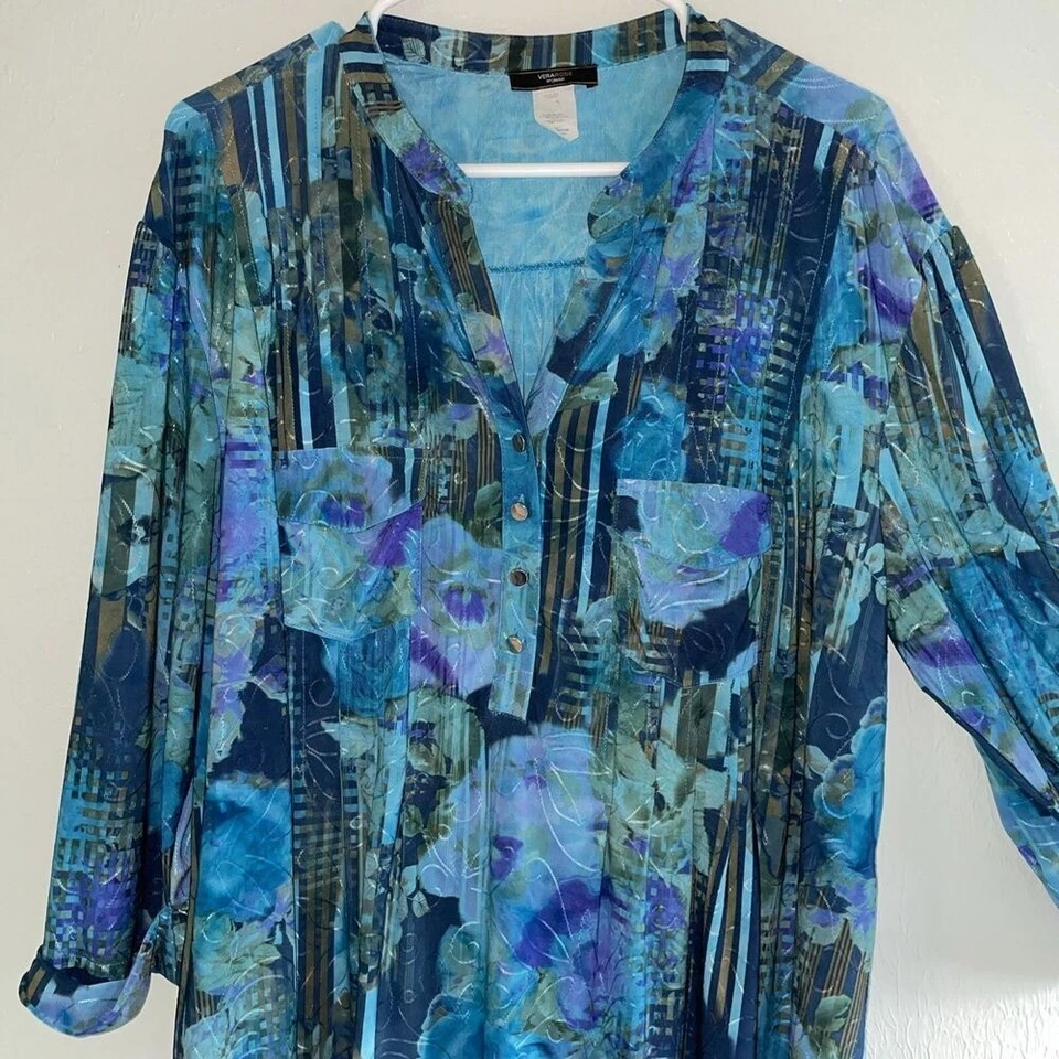 Plus 2X Blusa Blusa Camisa Top Túnica Azul Cachemira Bordada Verde Aqua Foto 2 de 4