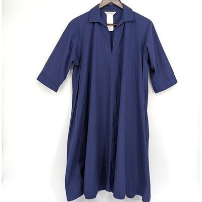 Max Mara Navy Blue Cotton Poplin Tunic Shirtdress Split Neck Pockets Sz 6