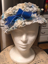Vintage 1950s Blue Floral Millinery Bucket Hat Cloche Velvet Bow Mid Century
