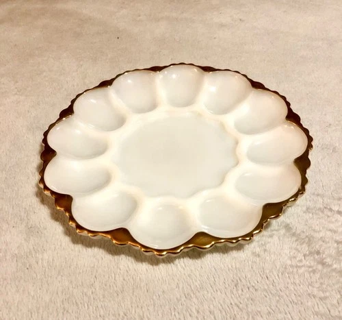 Vintage Anchor Hocking Milk Glass Deviled Egg Plate w/Gold Trim/Edging