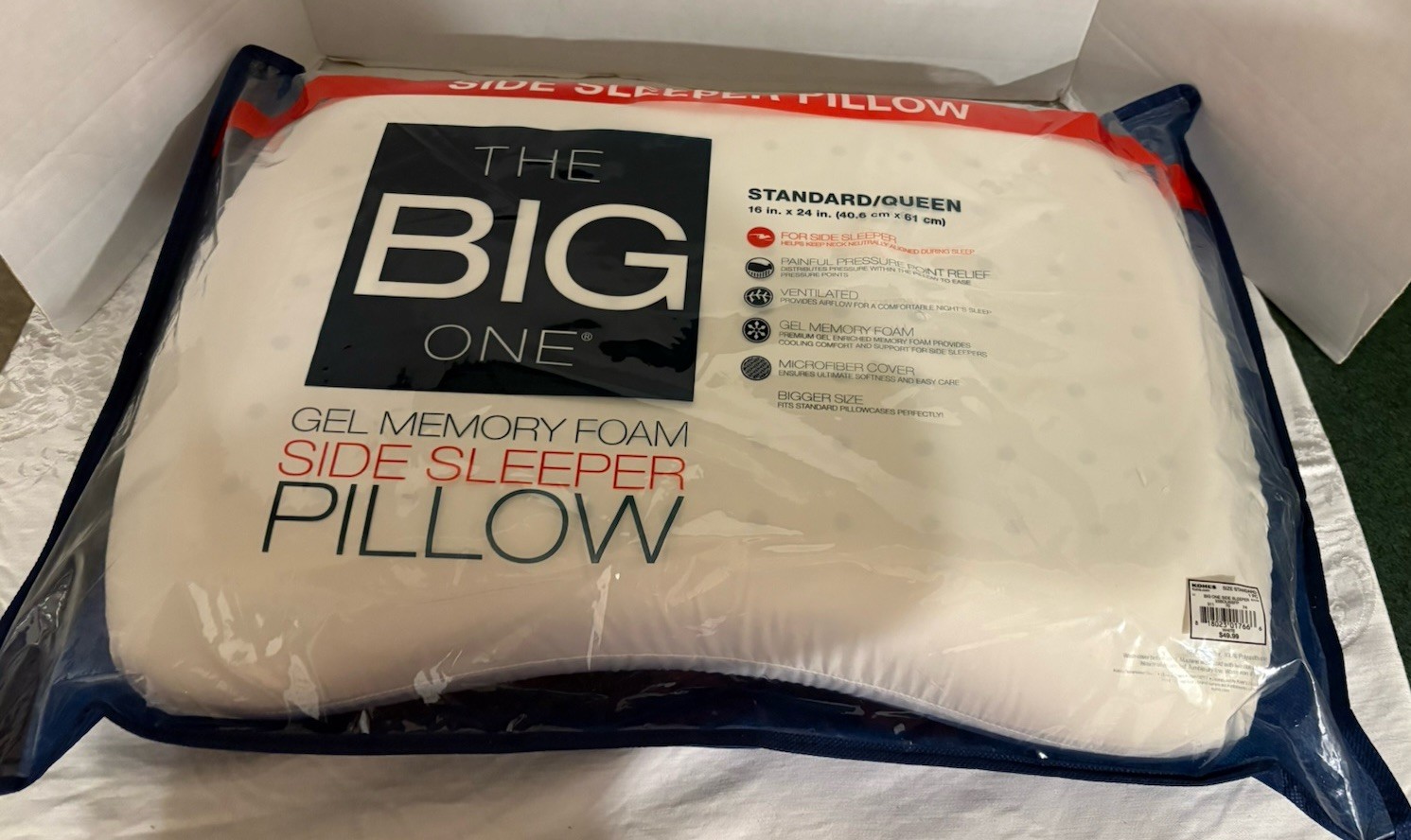 The Big One Gel Memory Foam Side Sleeper Pillow Standard /Queen: 16 x 24 x 5 New