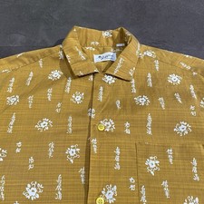 Vintage 50s 60s Raffles Floral Mustard Yellow Loop Collar Button-Up Shirt Asian