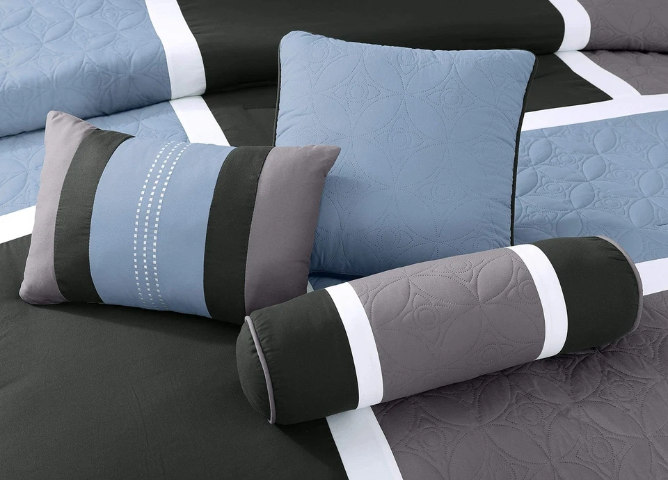 Juego de edredón Upland 7 piezas acolchado retazos, gris/azul claro/carbón, king Foto 3 de 4