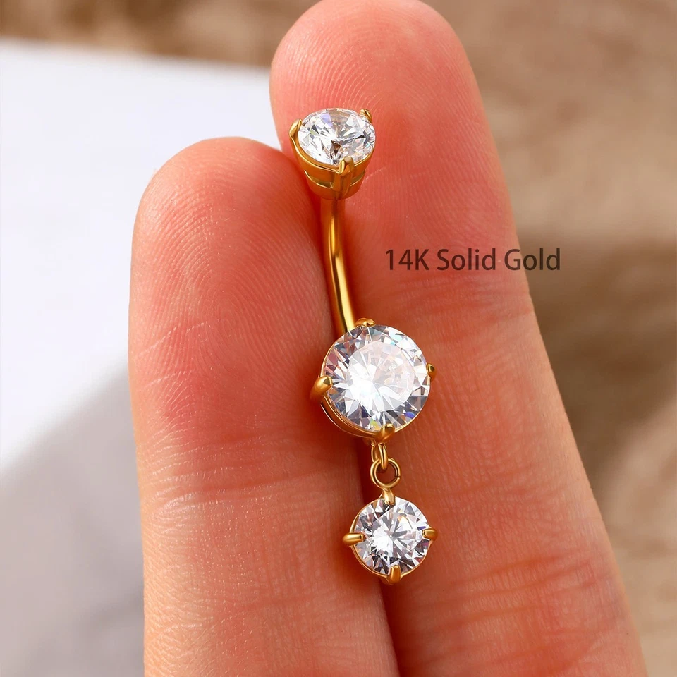 Anillo ombligo oro macizo real 14K diamante 2ct 14G anillo ombligo colgante Foto 4 de 4