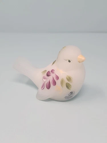 NOS Fenton White Satin Hand Painted Bird Purple Flowers Signed T. Kelley