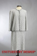 St John Knits Tweed Fringed Skirt Suit Sz 12 Bright White/Caviar NWT MSRP 2000