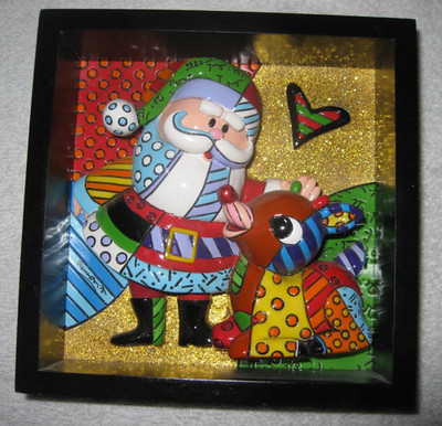Romero Britto Rudolph & Santa 3D Pop Art Block Frame Stand or Hang Enesco 2014