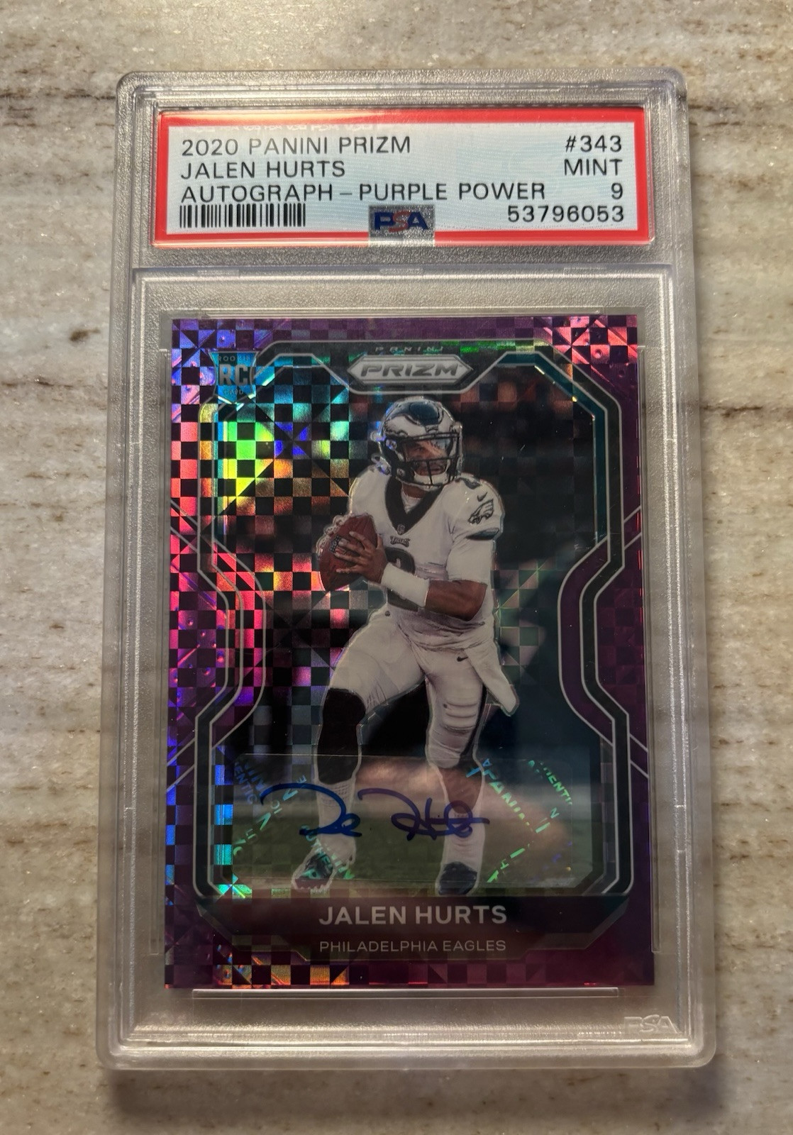 2020 PANINI PRIZM AUTO-PURPLE POWER #343 JALEN HURTS ROOKIE RC #09/49 PSA 9