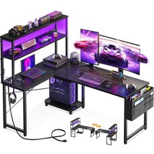 53" L Shaped Gaming Desk w/ LED Lights Power Outlet Reversible Corner Computer