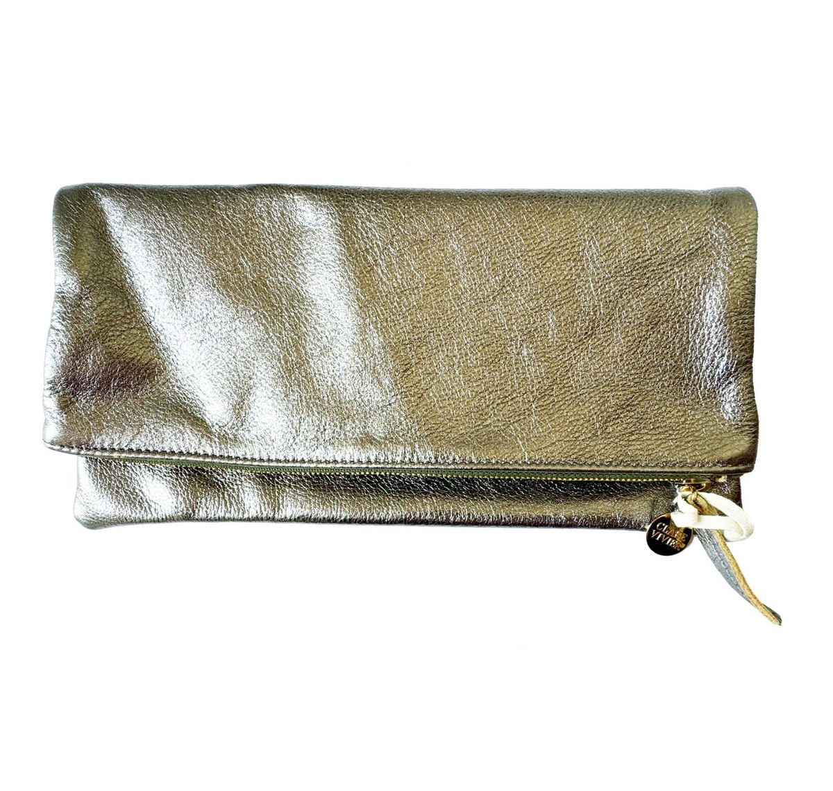 フランスアンティークリメイク　pochette CLARE V VIVIER Silver Leather Foldover Clutch Handbag Zip Pouch