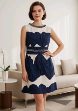 Chanel Navy Blue White Silk Cotton Sleeveless Mini Dress Top Blouse Vest Braid S