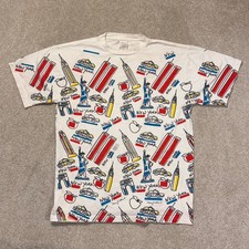 90s Vintage T-Shirt NYC All Over Print Size L White Twin Towers Novel-Teez USA