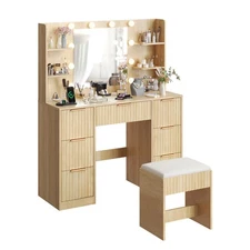 Fluted Vanity Set with Stool, Lighted Mirror & Charging Hub, 7-Drawer Table