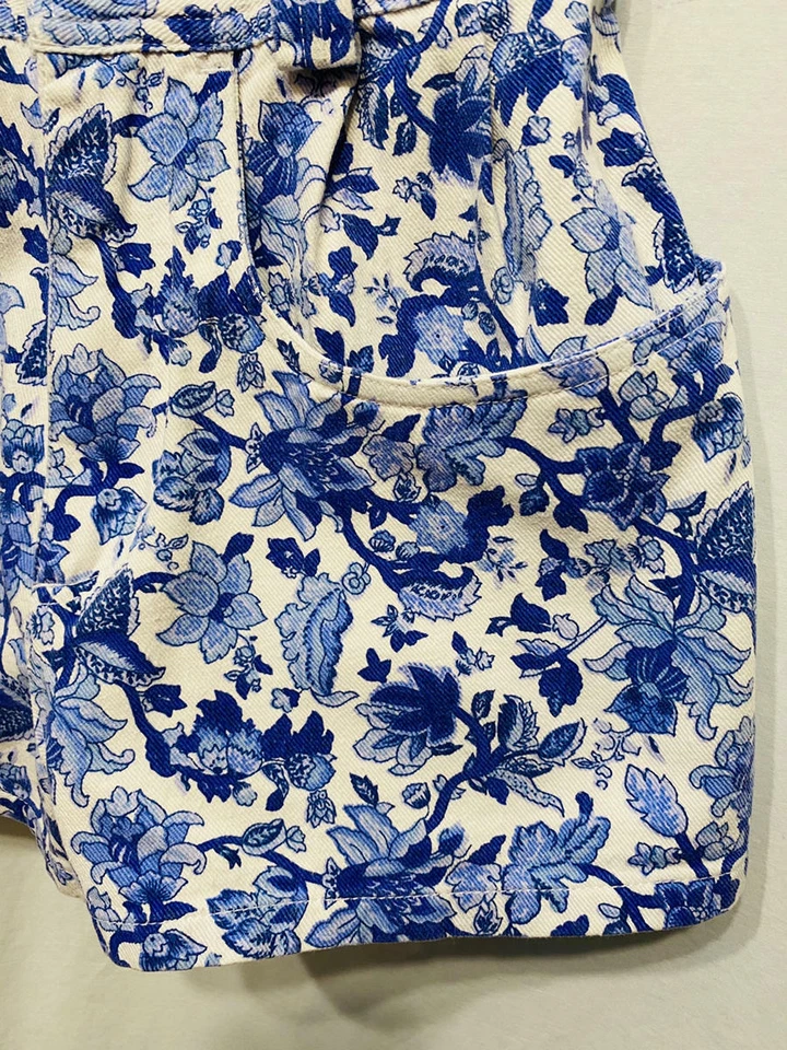 Pantalones Cortos Vaqueros De Colección Años 80 Denim SIN EXCUSAS Cintura Alta Azul Blanco Flores Plisados XS S Foto 3 de 4