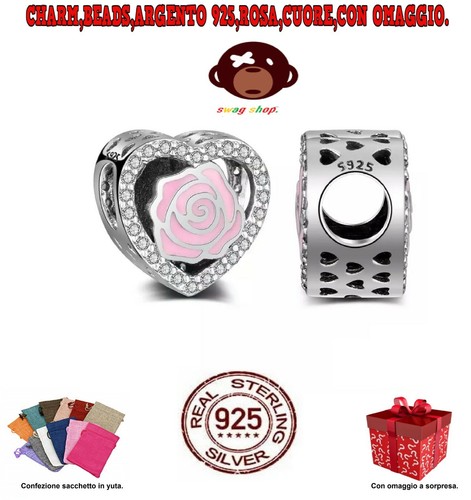 Charm,bead,Argento S925,rosa,cuore,love,family,bracciale,collana,punto luce,fit - Foto 2 di 5