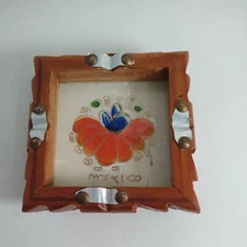 Vintage Hand Carved Wood and Mexican Glass Ashtray