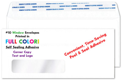 Printed #10 Window Envelopes, 500 Peel & Seal Full Color Self Sticking Adhesive