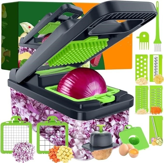 Green/Gray 12-in-1 Vegetable Chopper with Container and Lid Dicer Slicer Cutter