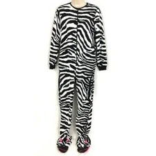 Nick & Nora One Piece FOOTED pajama sz L fleece pockets zipper  ZEBRA jump suit