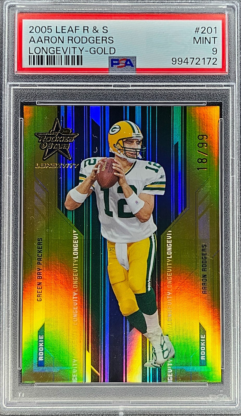 AARON RODGERS 2005 LEAF ROOKIE & STARS LONGEVITY #201 GOLD /99 PSA 9 RC PACKERS