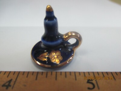 LIMOGES France Porcelain  TINY CANDLE WITH FLOWER COBALT BLUE W GOLD TRIM