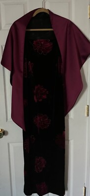 Arianna by Rachel Kaye Black Velvet w Rose Floral Maxi Stretch Gown & Shawl sz 6