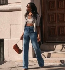 ZARA NEW HIGH-WAISTED FULL LENGTH Z1975 STRAIGHT LEG JEANS MID-BLUE 6147/277