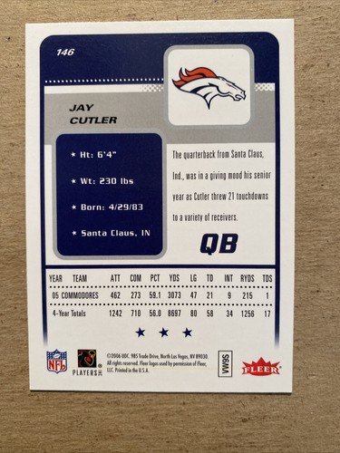 JAY CUTLER ROOKIE CARD 2006 FLEER FUTURES Broncos Bears - Picture 8 of 8