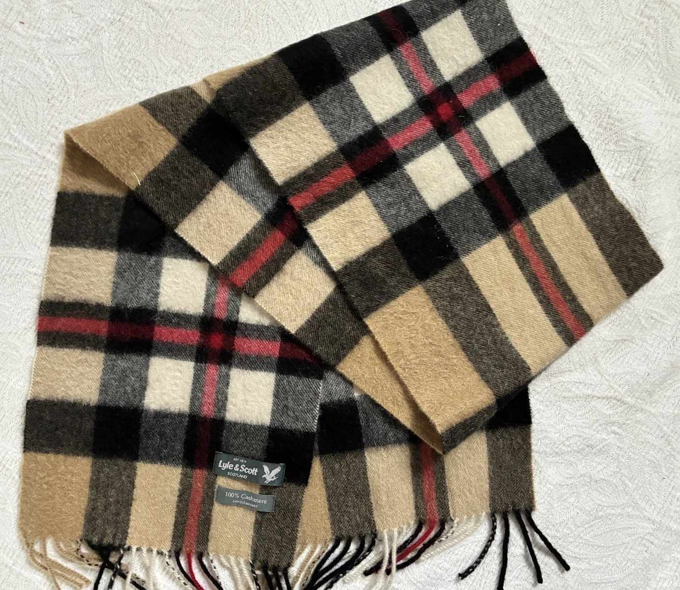 LYLE & SCOTT SCOTLAND Fringed Haymarket Check Plaid Cashmere Scarf 10" x 63"